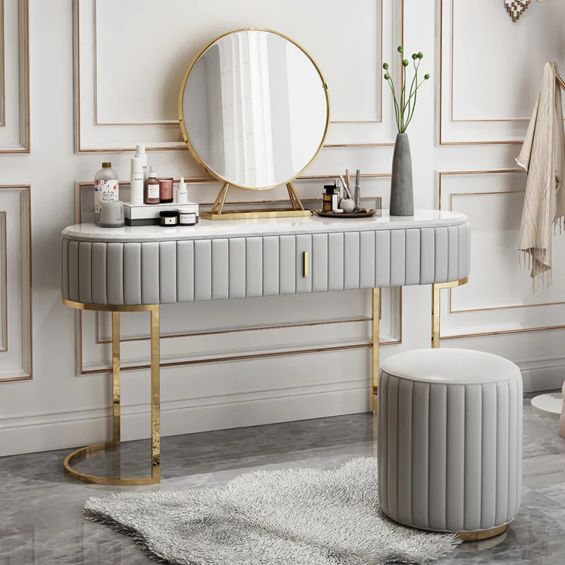 

modern dressing table for bedroom furniture 100cm Golden stainless steel MDF PU leather Marble top dresser