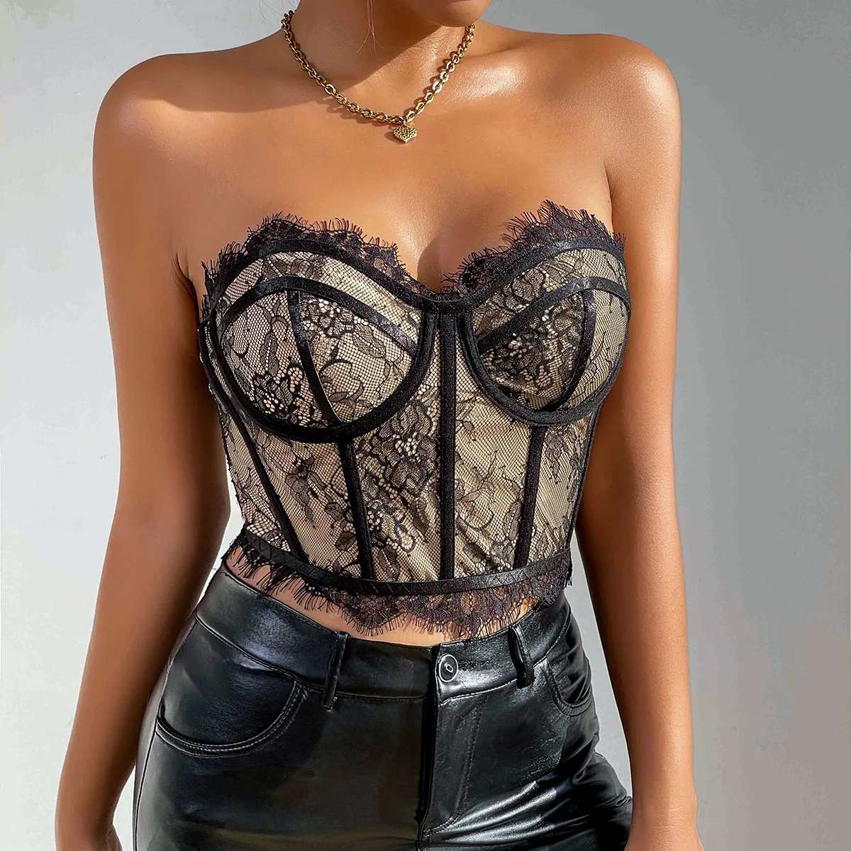 

Fishbone Lace Bra Corset Crop Tops Tank Top Ladies Sexy Fashion Sleeveless Off Shoulde Bustier Summer Slim Fit Lingerie Camisole