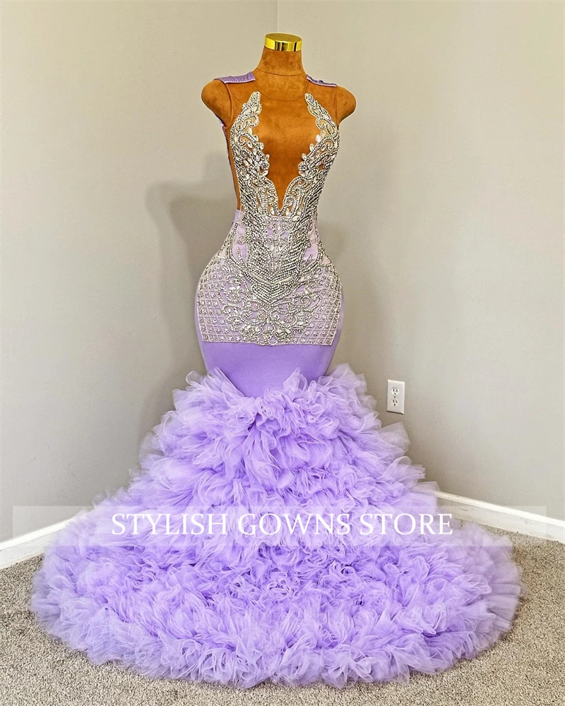 Purple O Neck Long Prom Dresses For Black Girls Beaded Crystal Evening Dress Ruffles Mermaid 2024 Birthday Luxury Dresses