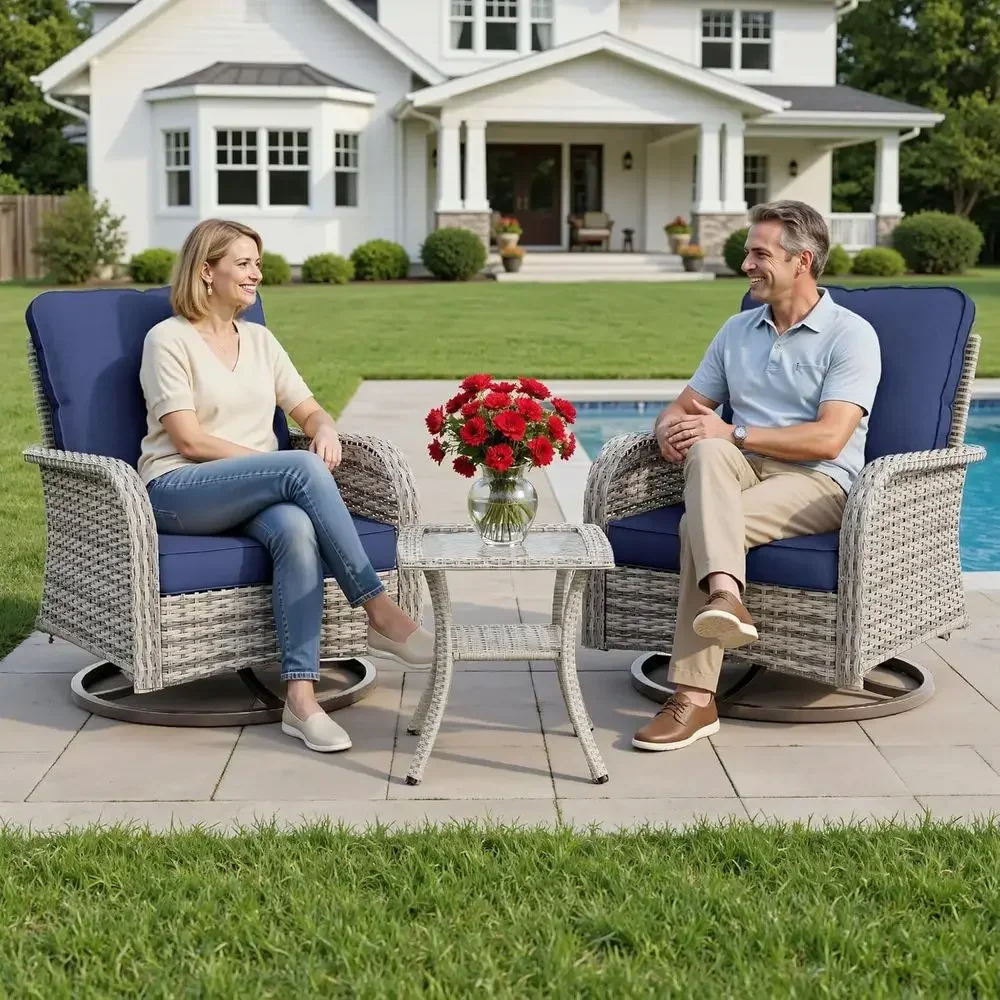 Compact 3-Piece Patio Furniture Set: Swivel Rocking Chairs with Wicker and Glass Side Table for Outdoor Spaces