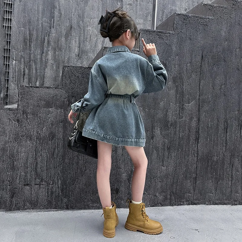 Girls' Denim Jacket Autumn New 2024 Children's Korean Version Belt Trendy Style Top Girls' Fashionable Denim Clothing 5-14 T