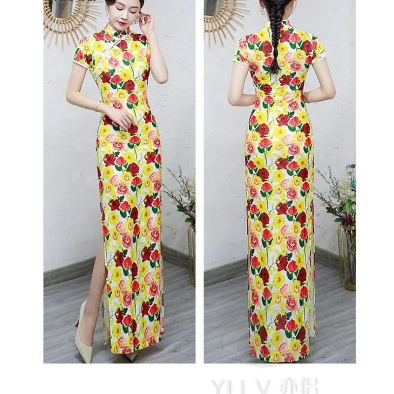 

Модное персонализированное женское платье: Новое летнее ретро-платье в китайском стиле, длинное, с цветочным принтом, молодежное, модифицированное, для выступлений