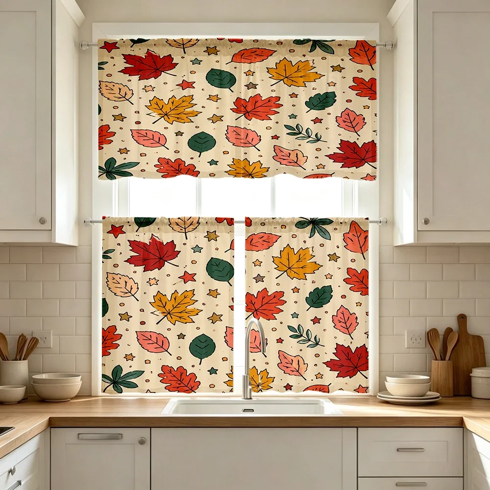 Thanksgiving Fall Kitchen Curtains, Colorful Maple Star, Digital Print, Kitchen Dining Room, Rod Pocket Polyester, Home Decor