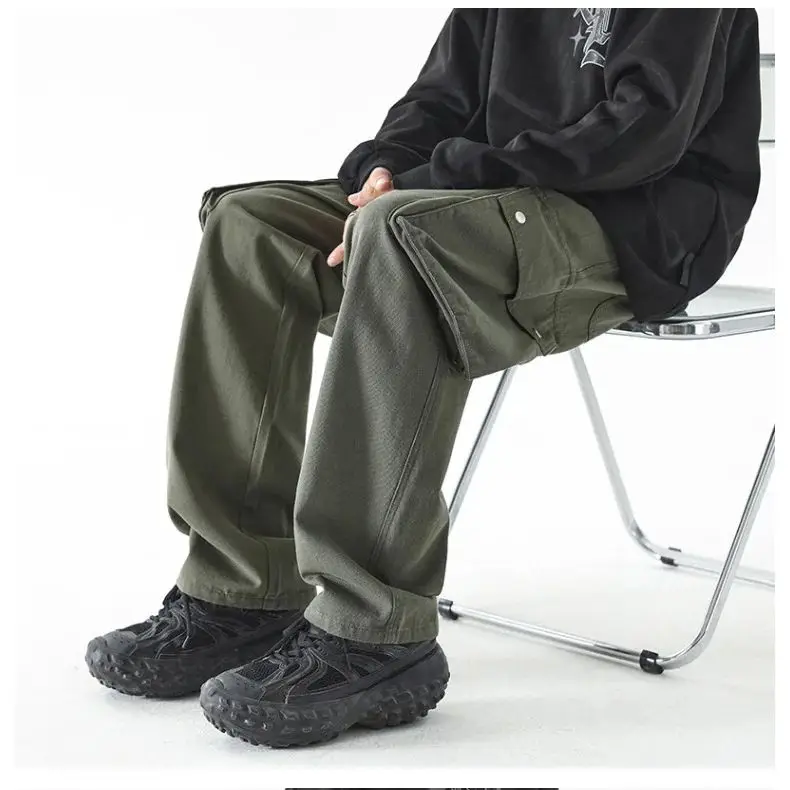 Army Green Ami Work Pants Men's Multi-Pocket Elastic Drawstring Straight Pants Korean Version Japanese