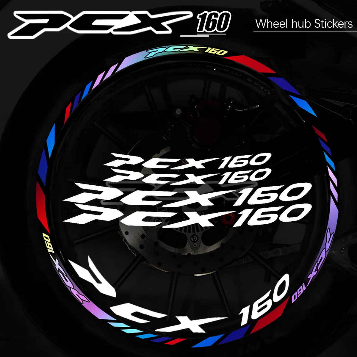 

Для Honda PCX160 PCX 160 спереди 14 дюймов сзади 13 дюймов лазерная Радуга светоотражающие наклейки на ступицу колеса мотоцикла наклейки на обод мотоцикла аксессуары