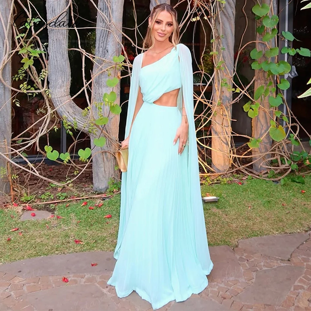 

Catasdate Chiffon Evening Party Dress Cut Out Cape Sleeve Wedding Guest Dress Formal Occasion Dress vestido de fiesta Customized
