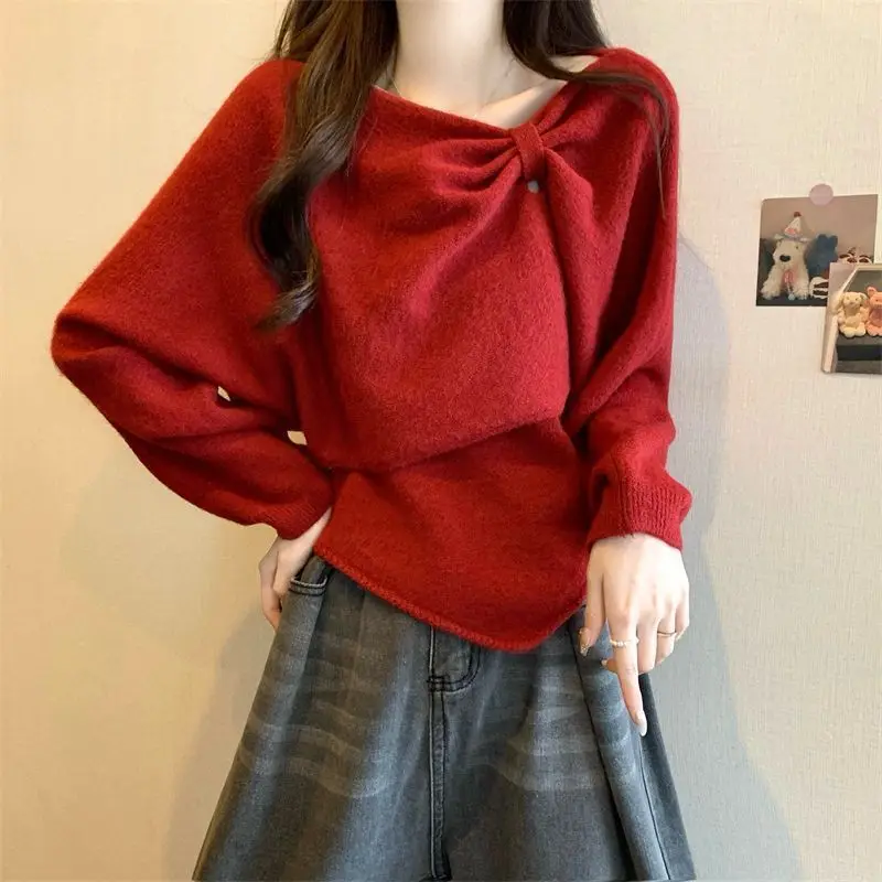 

Japan Red One-Shoulder Long-Sleeved Sweater Women'S Short Autumn Winter Style Loose Off-Shoulder Bottoming Sweater Suit Trendy