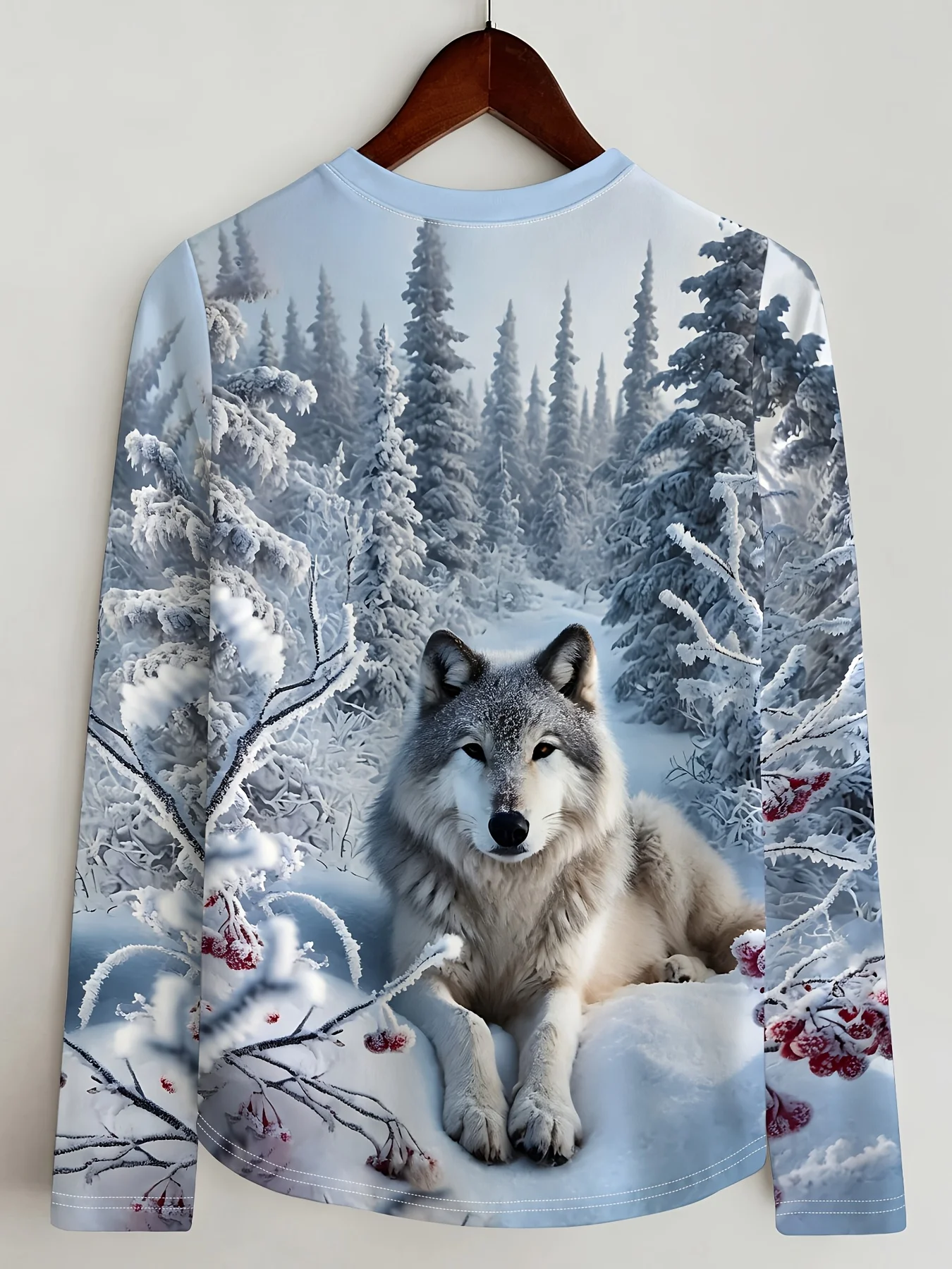 Women's Long Sleeve T-Shirt, Snowy Forest Wolf Print Winter Scene Design, All-Winter Holiday Style Top Suitable For Leisure And Sports Scenarios