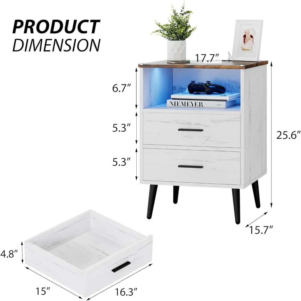 منضدة LED مع قاعدة شحن - طاولة بجانب السرير خشبية ذات درجين للمعيشة المنزلية الذكية