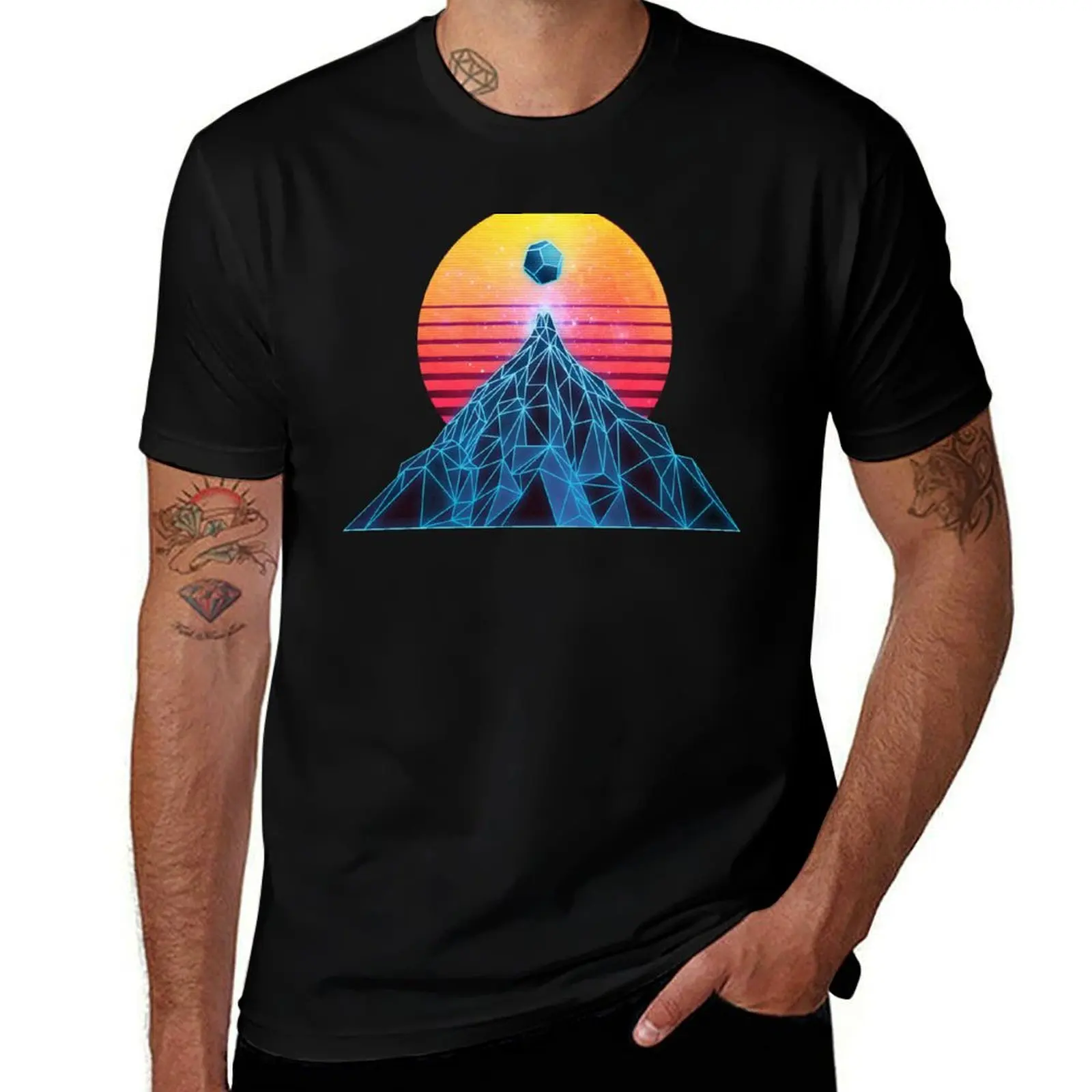 Synthwave Wire frame Mountain T-Shirt Durable Work Wear T-Shirt