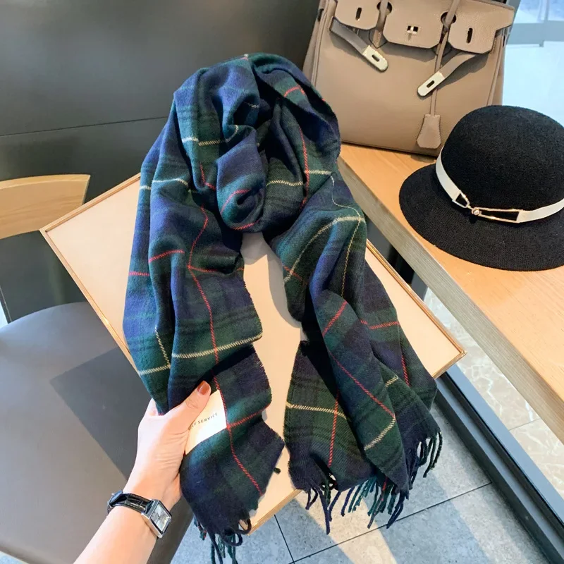 

Корейский стиль, новый зимний элегантный черный и зеленый клетчатый шарф из искусственной шерсти с бахромой, теплые украшения на плечо, универсальная теплая шея