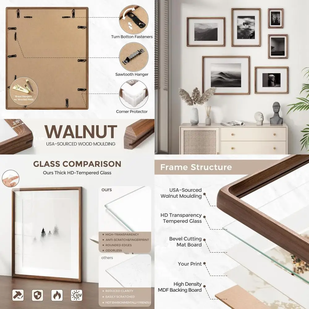 إطار صور من خشب الجوز الطبيعي مقاس 16 × 20 مصنوع يدويًا مع زوايا مستديرة، مصنوع يدويًا لصور 11 × 14، زجاج مقسى، قابل للتركيب على الحائط