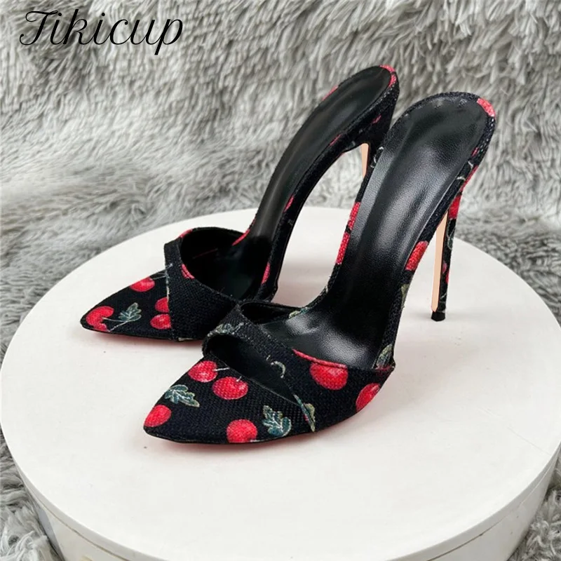 Sandalias sexis de tacón de 12cm para mujer, zapatillas de tacón alto negras cereza bonitas, zapatos de fiesta transpirables con punta abierta para mujer