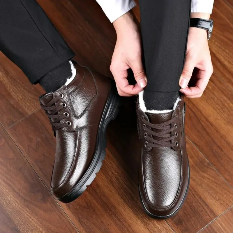 Размер 48, мужская обувь, зимние теплые плюшевые кожаные ботинки, водонепроницаемые нескользящие ботильоны, нескользящие теплые повседневные удобные зимние ботинки