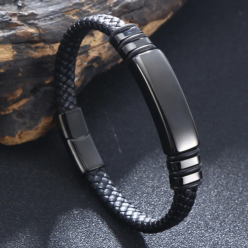 

Cool Men Leather Bracelets Luxury Stainless Steel Accessories Combination Woven Bracelet for Male Birthday Gift Wholesale SP1472