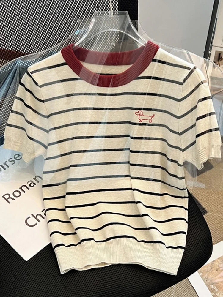 Camiseta de malha bordada ort Sve feminina verão slim fit listrado ort sle versão coreana top faionable