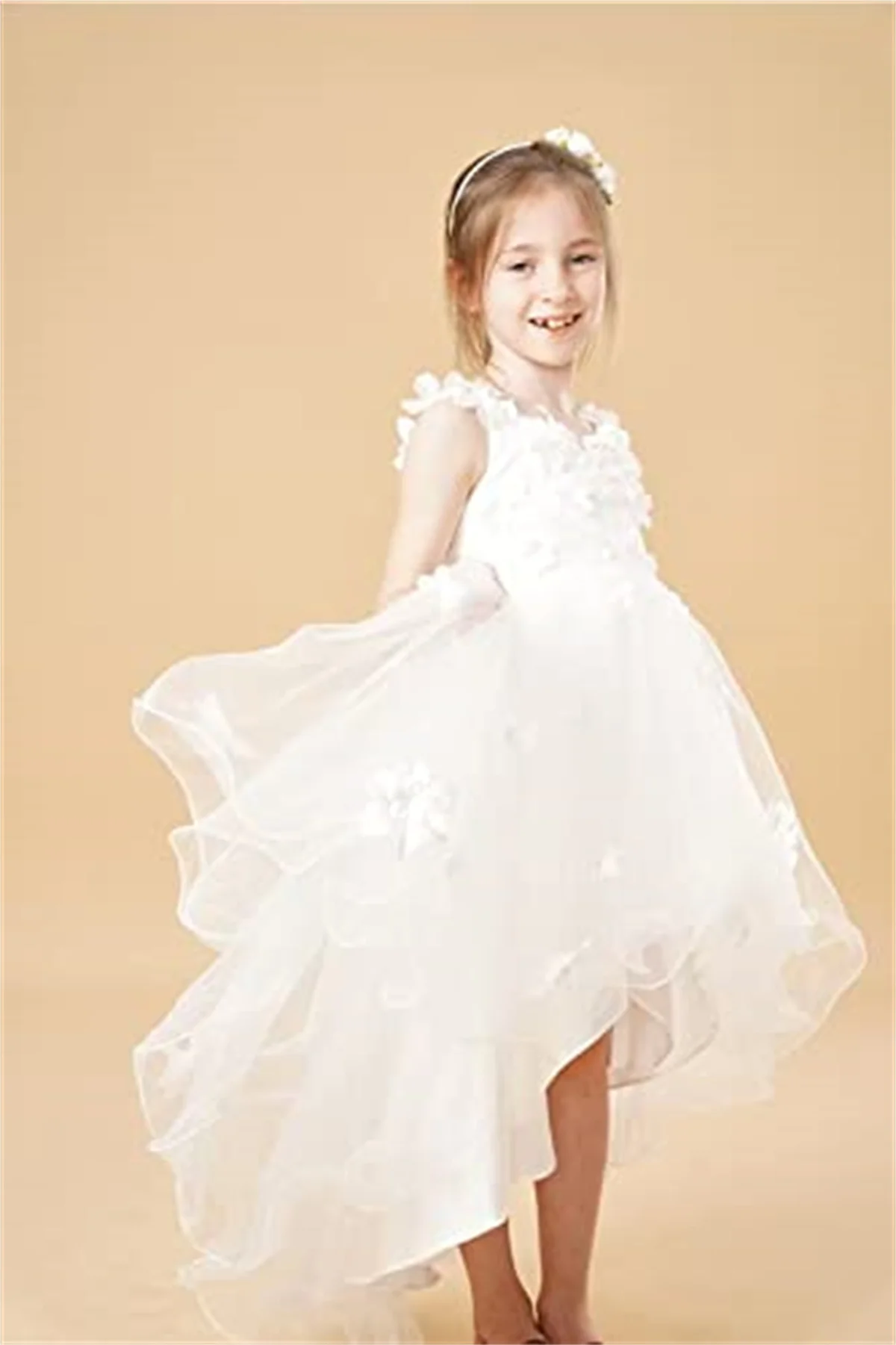 Eightale Flower Girl Dresses For Wedding High Low Tulle Flowers Appliqued Princess Pageant Formal Party Dress Ball Gowns