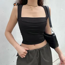 CIBBAR Solid Elegant Square Collar Crop Top Women Sleeveless Skinny Tank Tops Basic Casual Ladies Vest Harajuku Y2k Vintage Tees