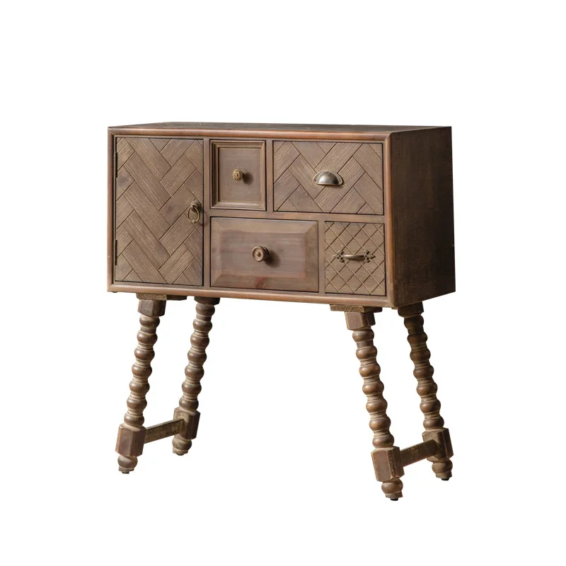 

American retro solid wood chest of drawers, living room, bedroom, multi-functional high and low chest of drawers, old carved