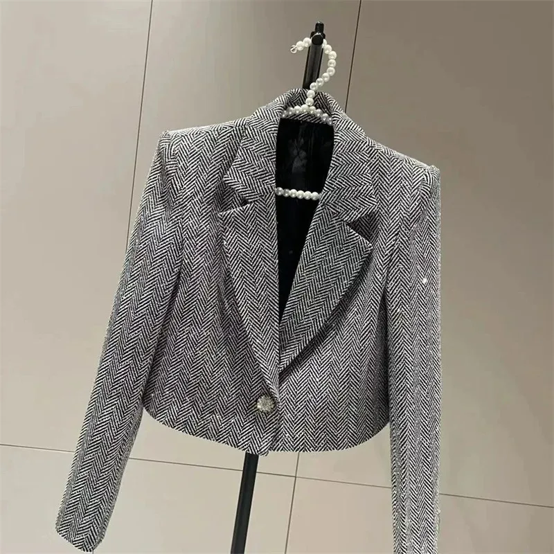 French Style Light Luxury High-End Short Style Fragrant Jacket Spring New Fashion Long Sleeved Blazer Temperament Top Grey C43