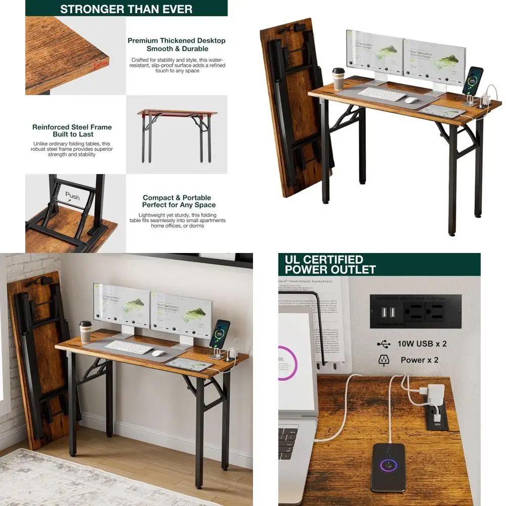 Portable 43.3 Folding Craft Desk with Built-in Outlets, Rustic Brown