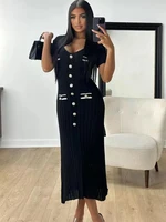 Office Lady Elegant Knitted Long Dress Summer Short Sleelve V Neck Single Breasted Bodycon Dresses Women Party Fashion Vestidos - Image 3
