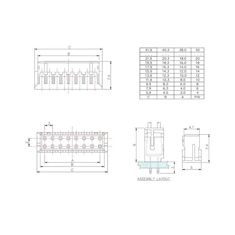 50 Stück Kunststoffgehäuse PHD2.0Mm Stecker 2*2P 3 4 5 6 7 8 9 10P Doppelreihiger Steckverbinder – Detail 1