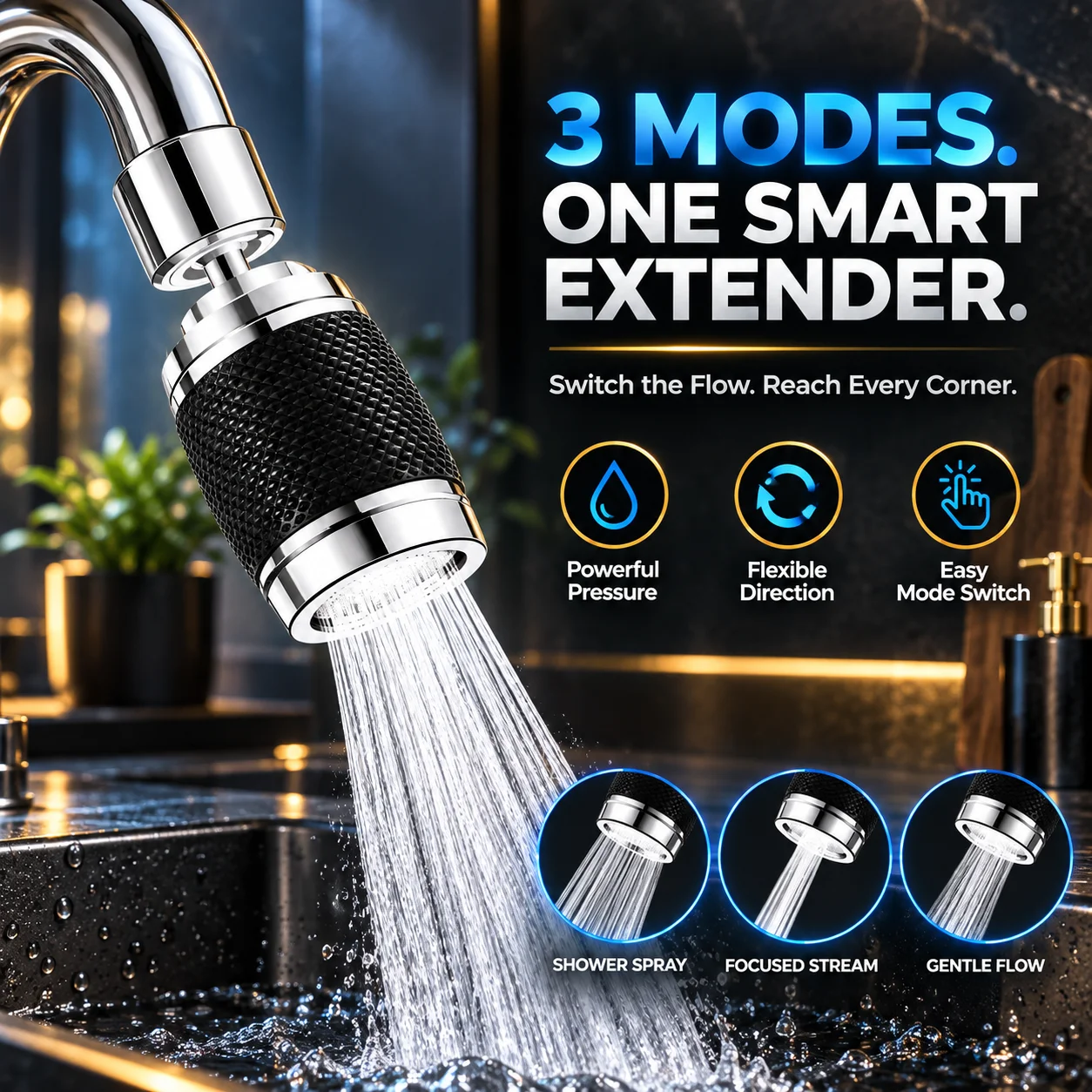 3 Modes Anti-splash Bubbler 360° Rotatable Faucet Filter Extender Adapter Pressurized Water Outlet Water Saving Aerator