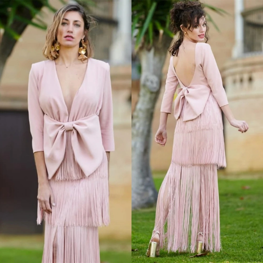 

Customized Jersey Bow Tassel Ruched Prom A-line V-neck Bespoke Occasion Gown Midi Dresses