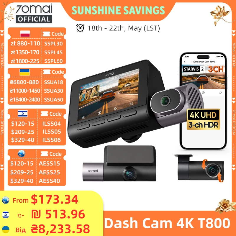 70mai Dash Cam 4K T800 supercondensador HDR de 3 canales registro de cabina delantera trasera GPS coche DVR 70mai T800 24H soporte de protección de estacionamiento 4G