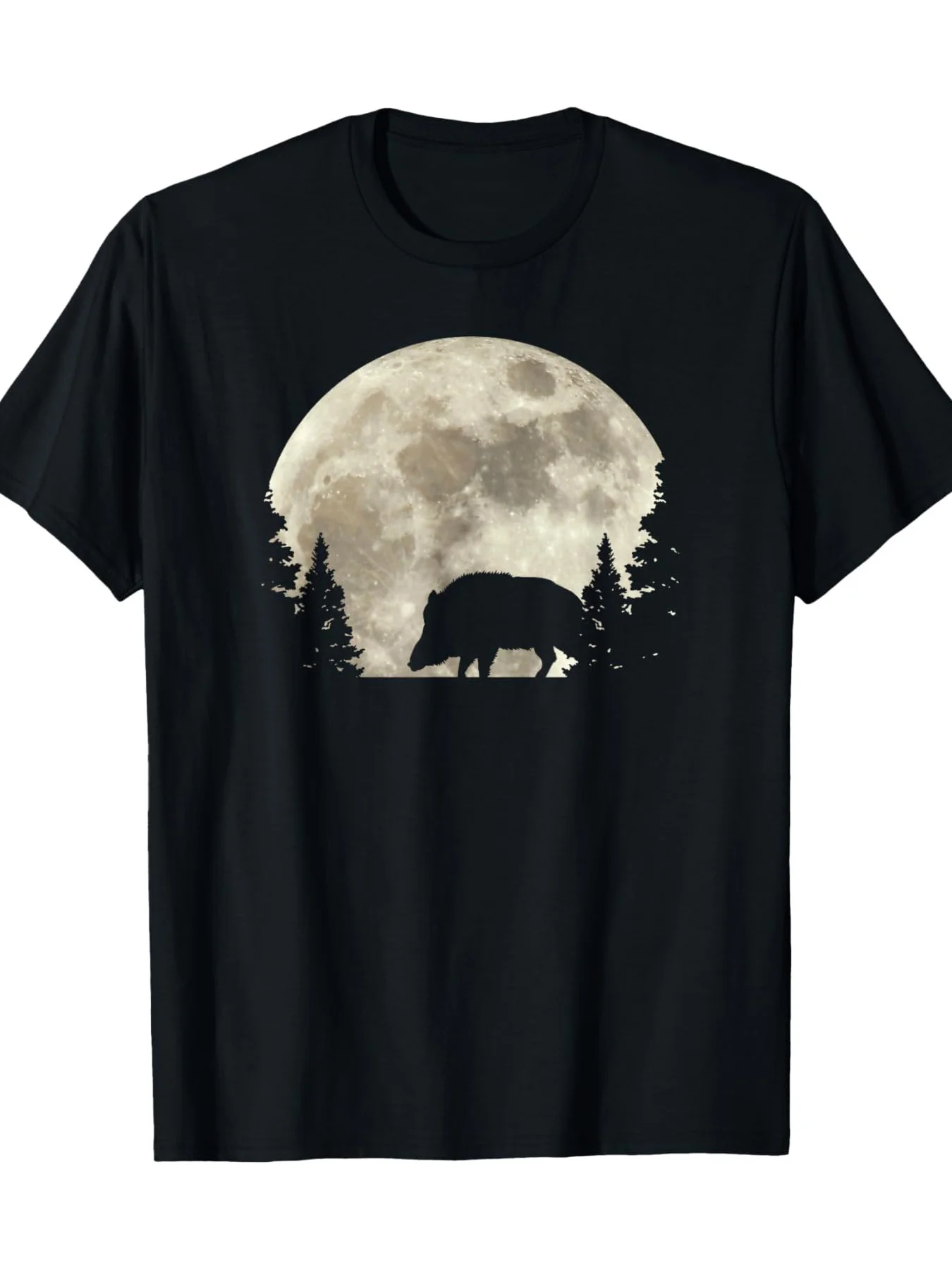 Men's Black Hunter T-Shirt Wild Boar and Moon Design Casual Tee for Outdoor Enthusiasts All-Season Wear Casual Style Regular Fit