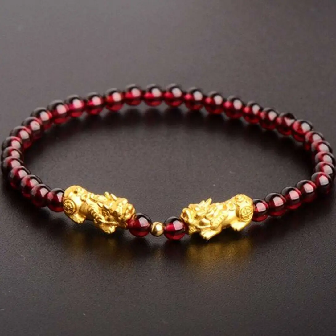 

Pure 999 Real 24K Yellow Gold Bracelet 3D Lucky Mini Pixiu Red Garnet 5mm Beads For Women Female 's Bracelets