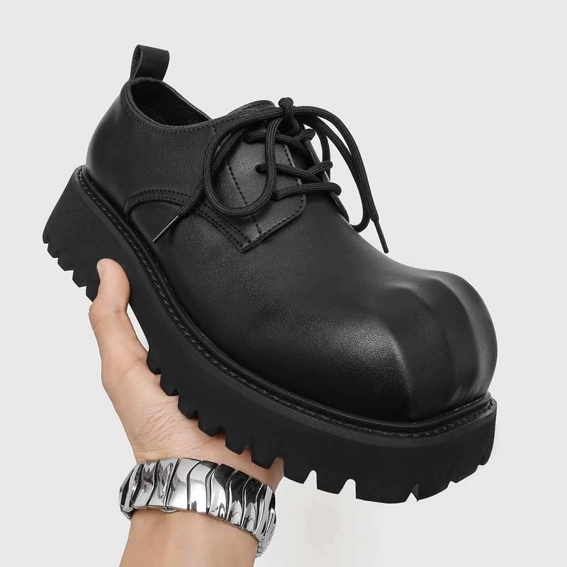 New Paris round Toe Derby Shoes Platform Thick Bottom Casual Black Shiny Versatile Mid Heel Leather Lined Men's Footwear