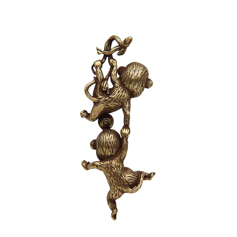Antique Copper Monkey Figurines Keychain Pendant Lucky Cat Key Ring Hangings Jewelry Vintage Brass Cute Animal Funny Child Gifts
