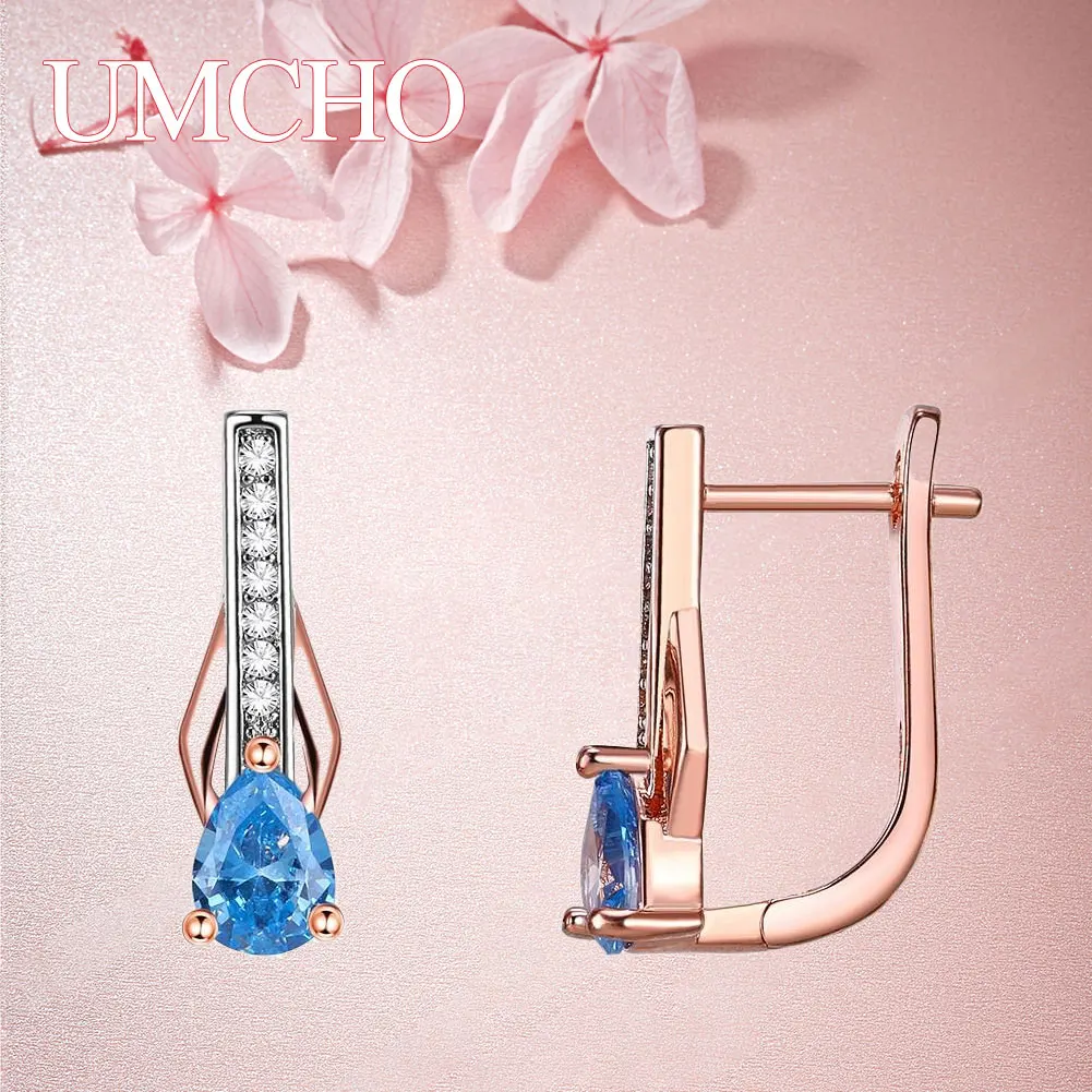 

UMCHO New Long Shape Hollow Blue Water Drop Dangle Earrings Rose Gold Color Trendy Women Earrings