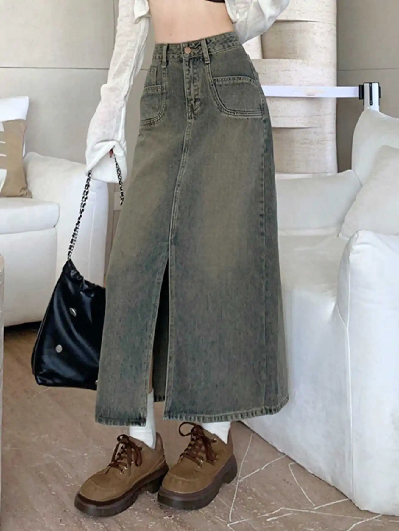 American Retro Denim Skirt for Women Summer High Waist A- line Small Split Mid Length Long Length Spring & Fall Korean Sle ...