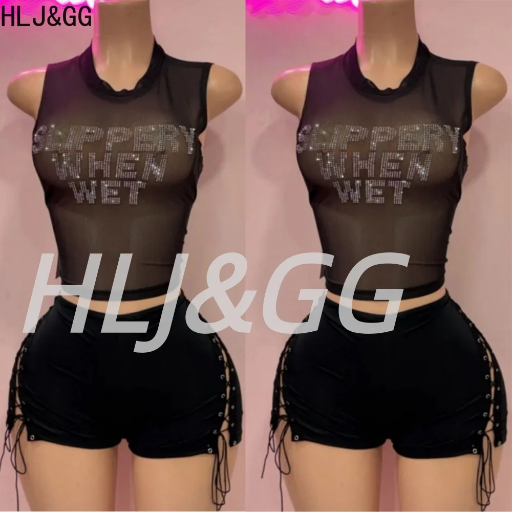 

HLJ&GG Sexy Letter Rhinestone Mesh Two Piece Sets Women Sleeveless Slim Tank Top And Hollow Bandage Shorts Outfits Streetwear