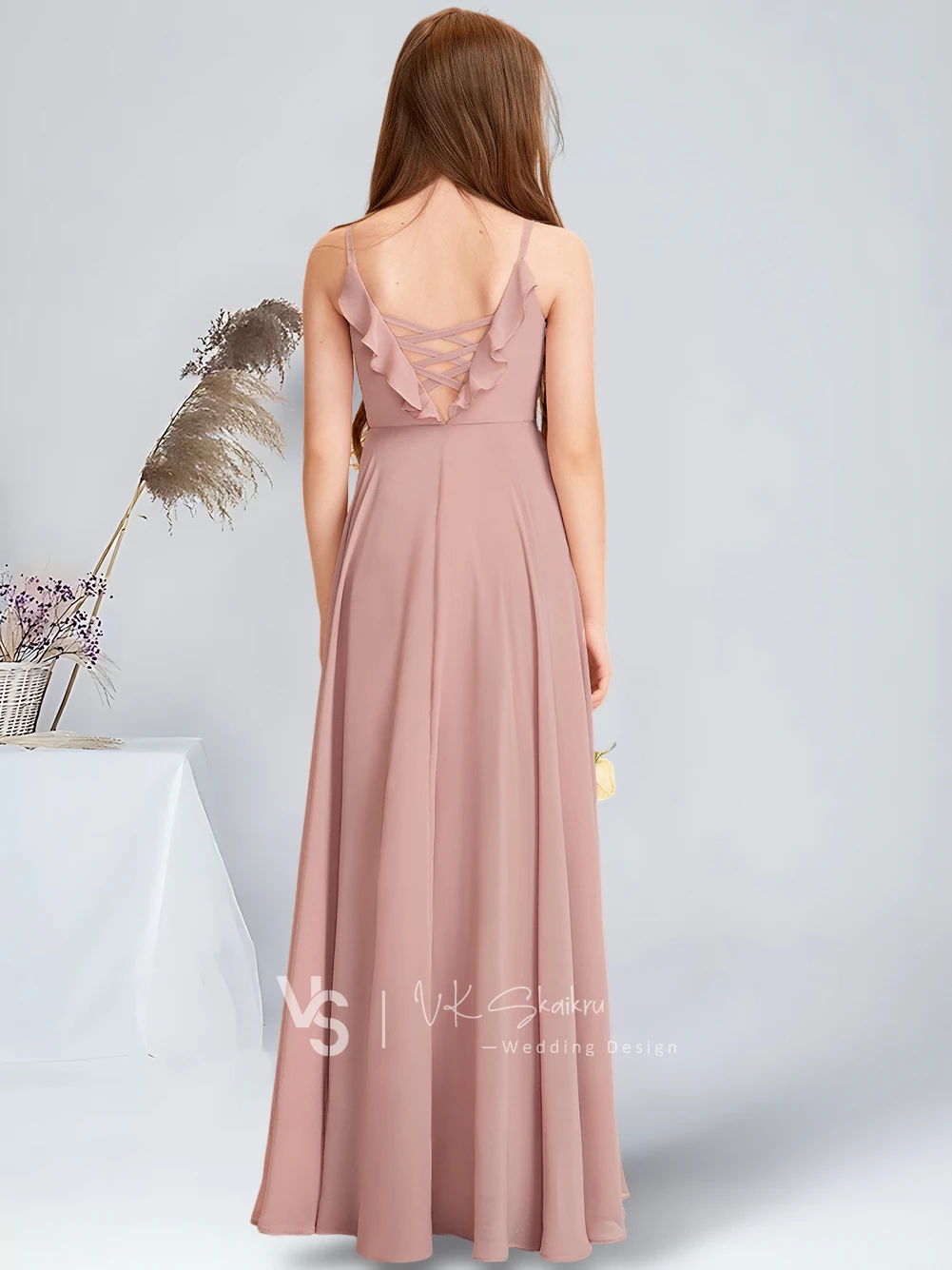 Chic Dusty Rose A-Line V-Neck Chiffon Floor-Length Junior Bridesmaid Dress Elegant Flower Girl Gown for Wedding Party Teens