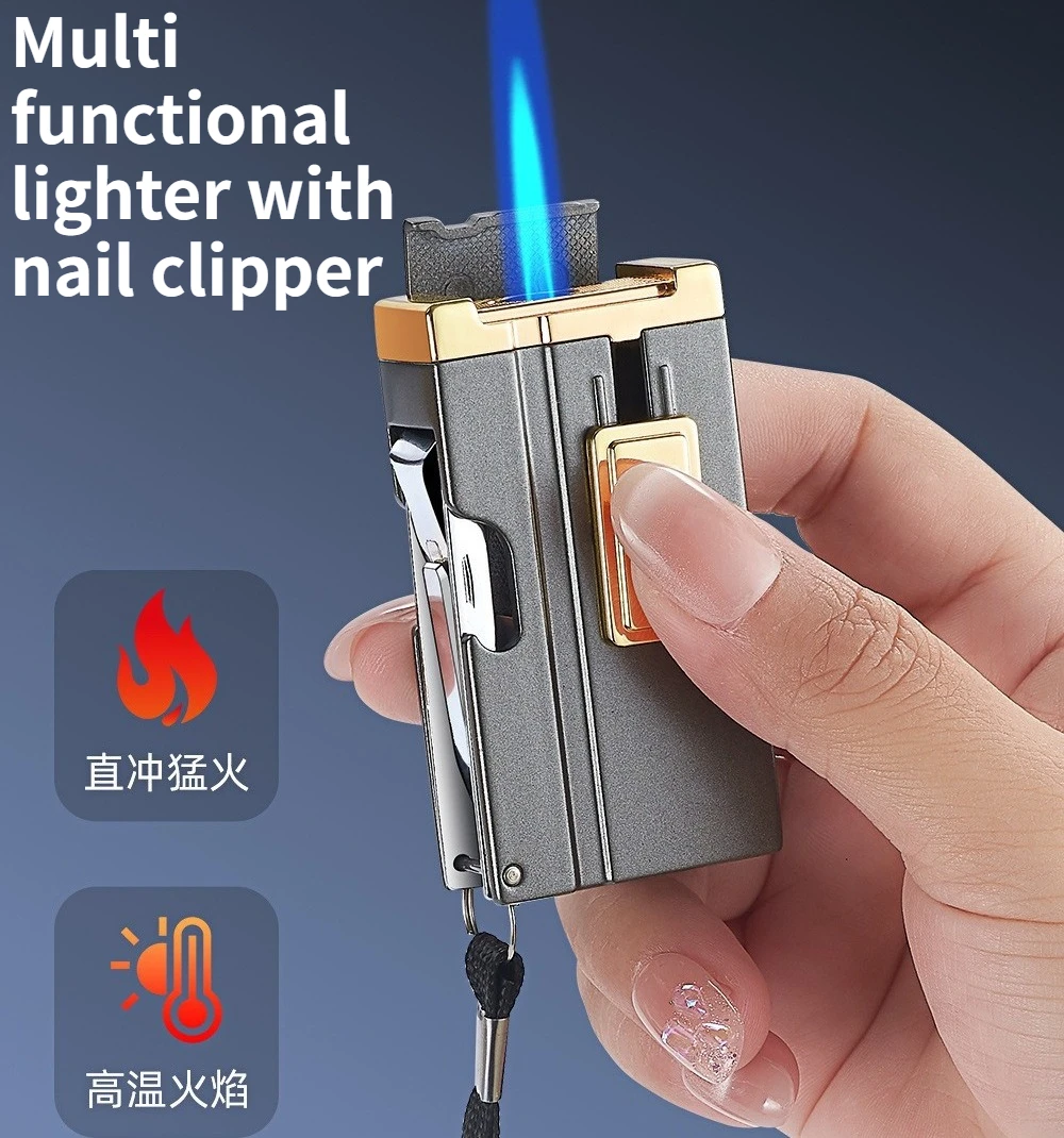 Creative Multifunctional Straight Blue Flame Lighter with Nail Clipper and Bottle Opener High-end Lighter Men's Gift