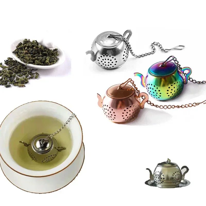 1 buah saringan teh bentuk teko baja tahan karat Infuser teh longgar dengan rantai saringan rempah-rempah Herbal Diffuser peralatan dapur perlengkapan minum teh