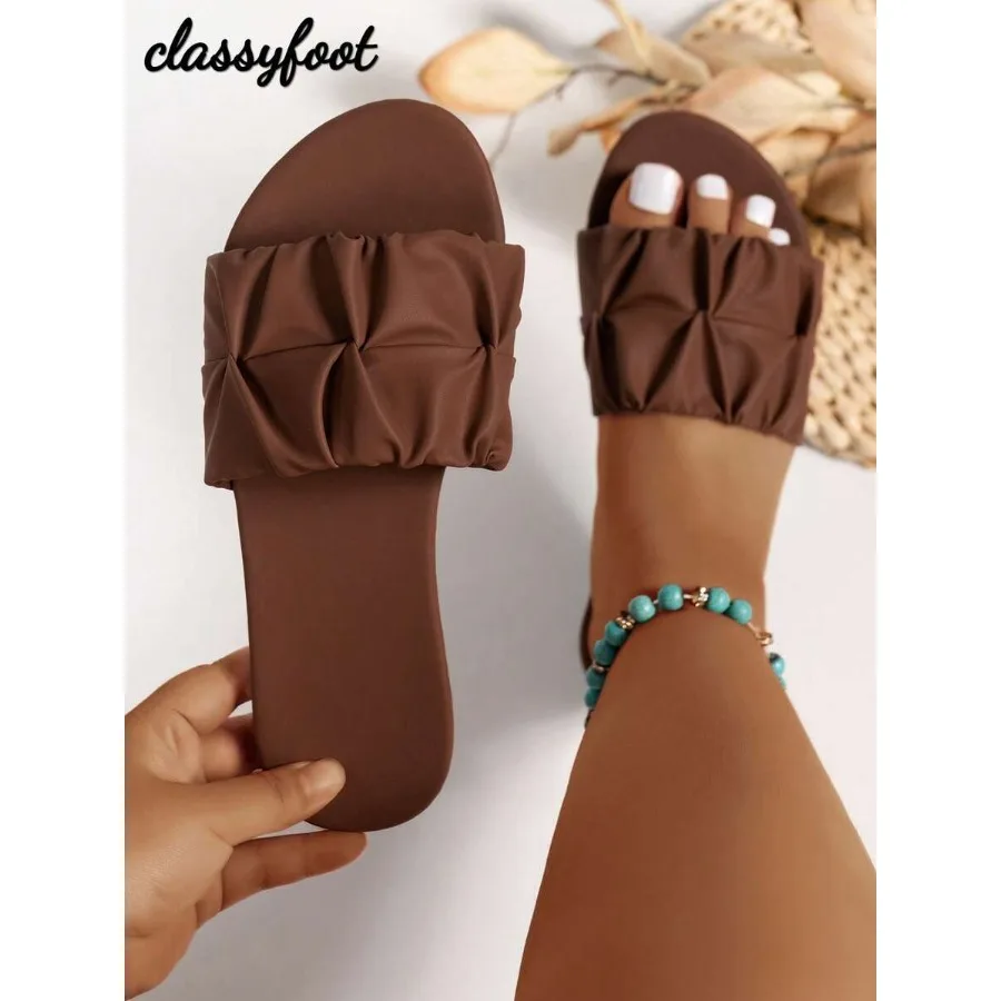 

Wide Fit Women's Fashion Square Toe Pleated Flat Sandals Summer Holiday Style PU Brown Slide Sandals