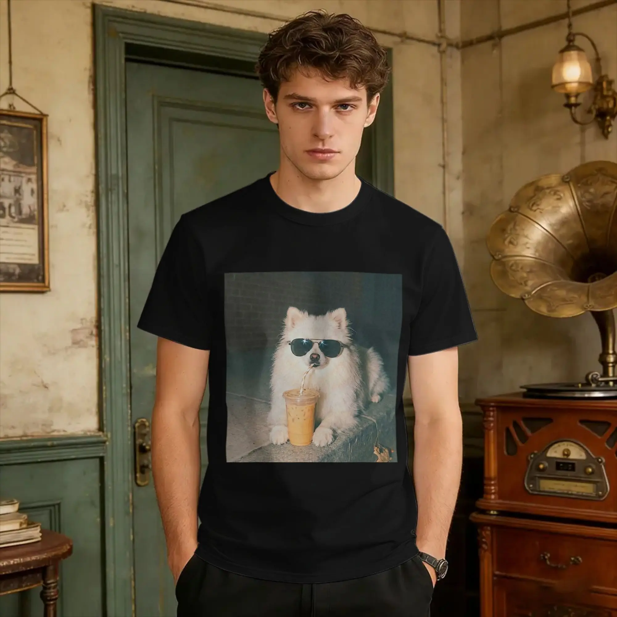 Camiseta con estampado de Pomeranian bebiendo café helado, camiseta divertida con meme de perro, camiseta de algodón para hombre, camisetas de verano, camisetas Harajuku, camisetas de talla grande