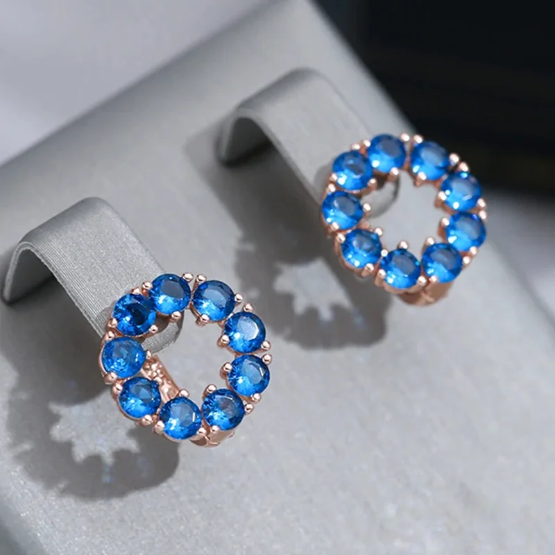 Wbmqda Blue Stone Round Hollow Earrings For Women 585 Rose Gold Color Trendy Zircon Jewelry Accessories