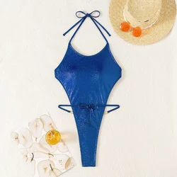 Costume da bagno intero blu lucido per donna, 2024 nuovo Bikini perizoma con strass senza schienale grande, costumi da bagno Monokini per le vacanze al mare estive