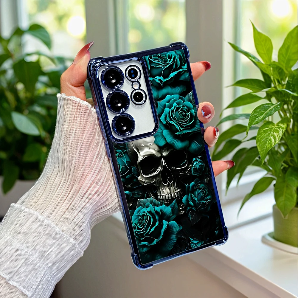 Teal Rose Silver Skull Transparent Electroplated Shockproof Phone Case For Samsung Galaxy S26 S25 S24 S23 A57 A53 A50 A37 A10S