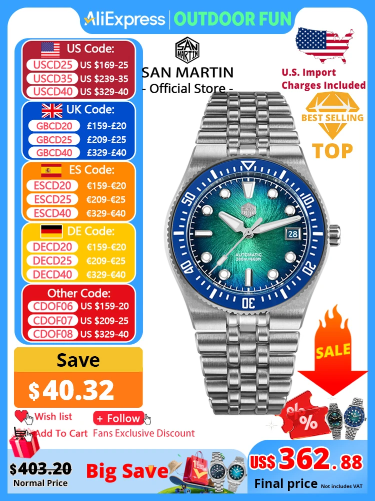 

San Martin 40mm Enamel Spiral Dial Integrated Bracelet Men Diver Watch Miyota 9015 Automatic Mechanical Waterproof 200m SN0148