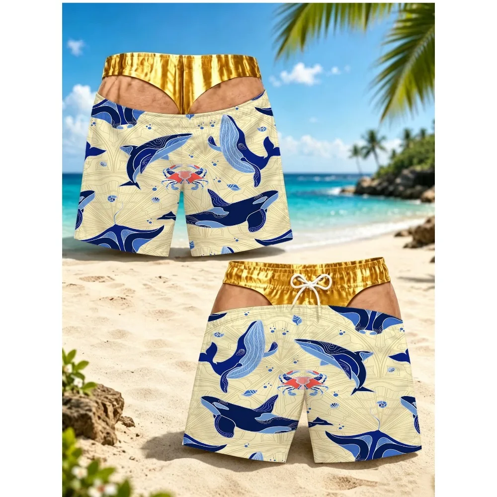 Men's Underwater Sea Creature Whale Crab Printed Board Shorts Gold Shiny Waist Quick Dry Novelty Swimming Trunks Beach Pool