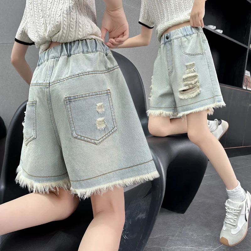 Korean Style Kids Child Gothic Ripped Denim Shorts With Hole For Girls Casual Broken Jeans Capris Shorts with Raw Hem 4-15 Y