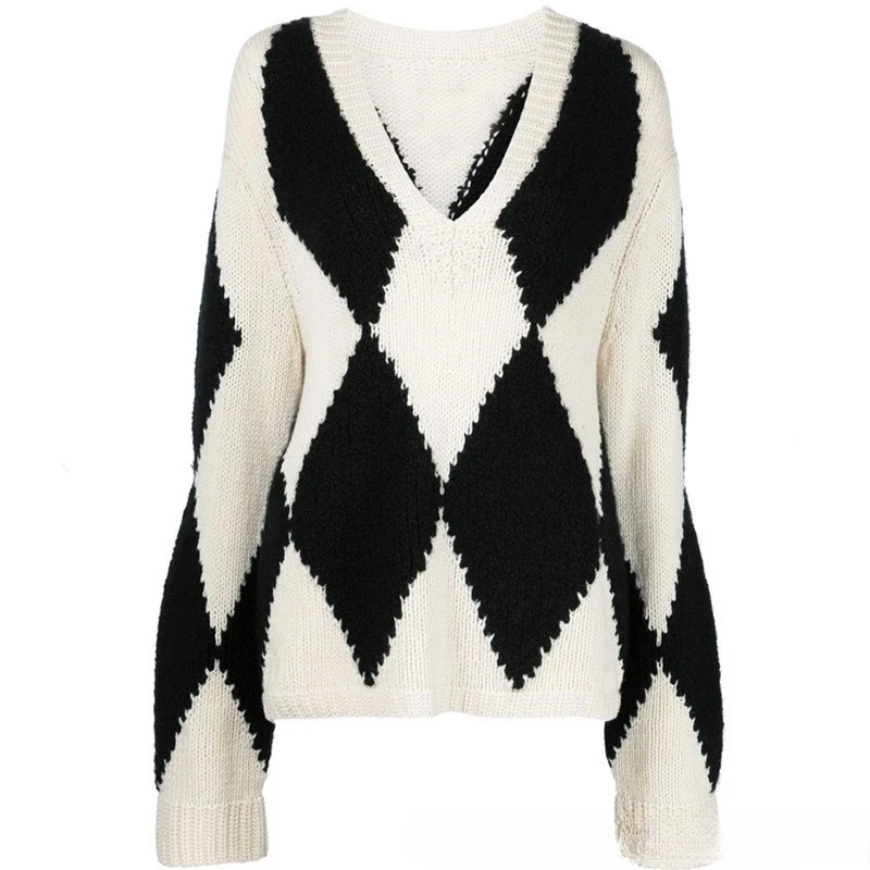 Women's V-neck Sweater Vintage Black and White Color Clash Three-dimensional Diamond Lattice Jacquard Knit Sweater