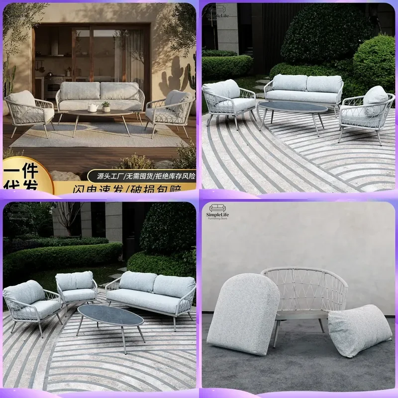 Outdoor Aluminum Alloy PE Rattan Sofa Set with Coffee Table Rust Proof Waterproof Cushioned Garden Patio Balcony Courtyard
